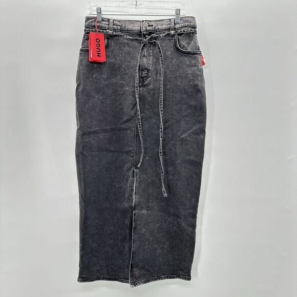 NEW Hugo Boss Womens Denim Maxi Skirt Large Gray Gatje Tie Belt Front Slit $158 - Picture 2 of 14